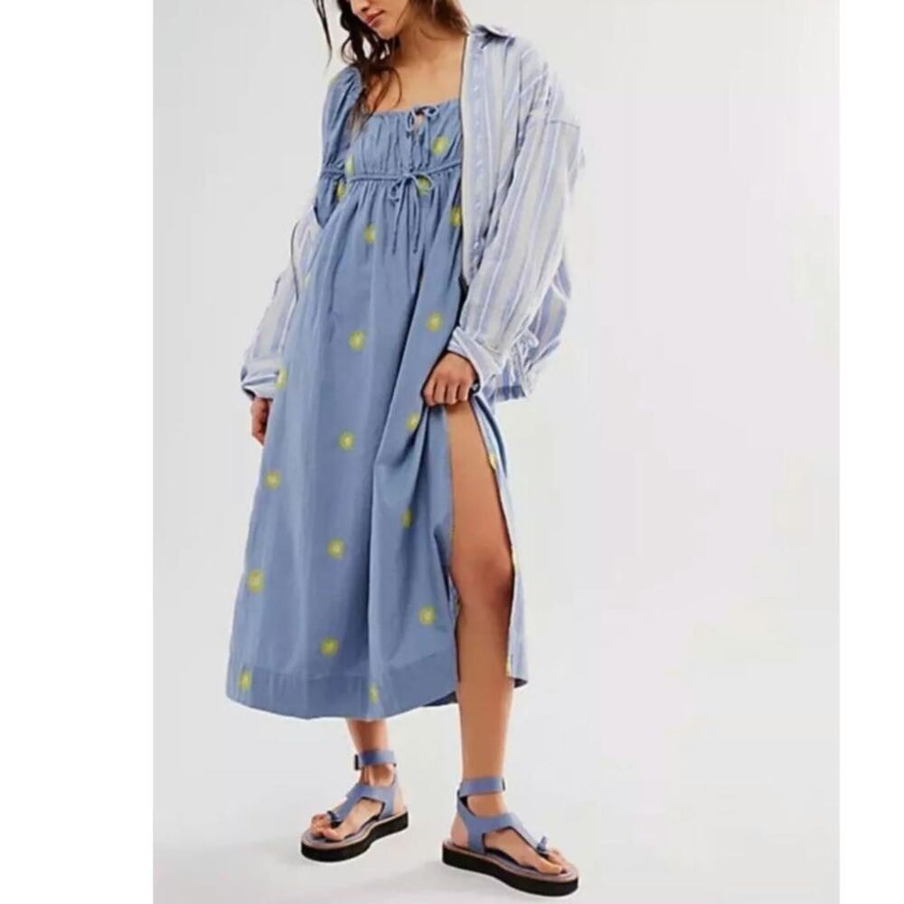 NWT Free People Emory Embroidered Midi Dress $168 X-SMALL Blue Long-Sleeve